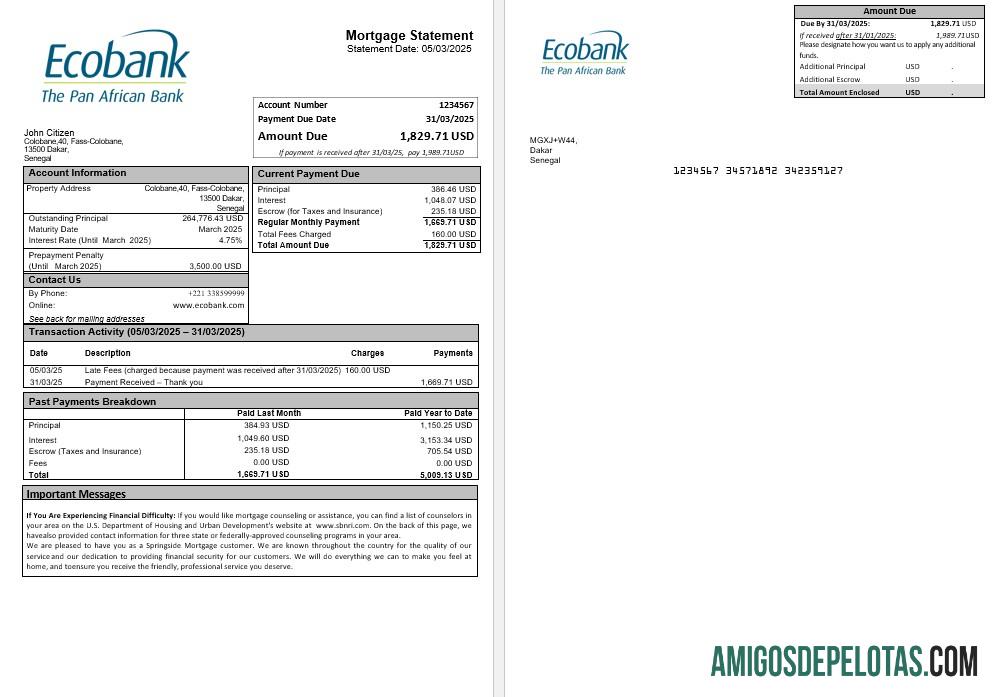 Extrato de hipoteca do Senegal Ecobank em formatos Word e PDF amostra